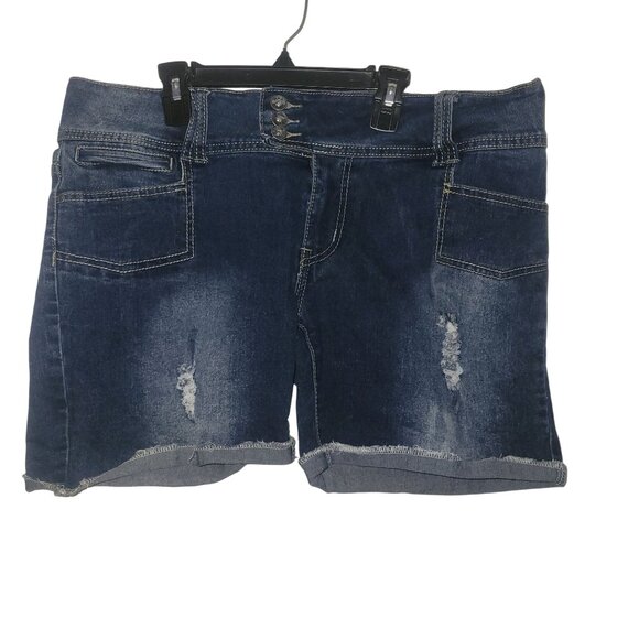 Red Rivet Womens Distressed Denim Shorts Size 17 Button Fly Raw Hem Blue Stretch - Picture 1 of 7